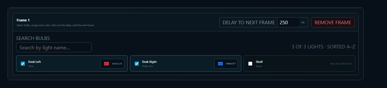 The Sonoran Studio frame editor with light selection, colors, and delay controls