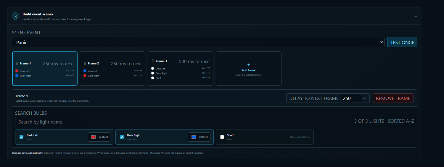 The Sonoran Studio lighting sequence editor showing three frames for a panic event